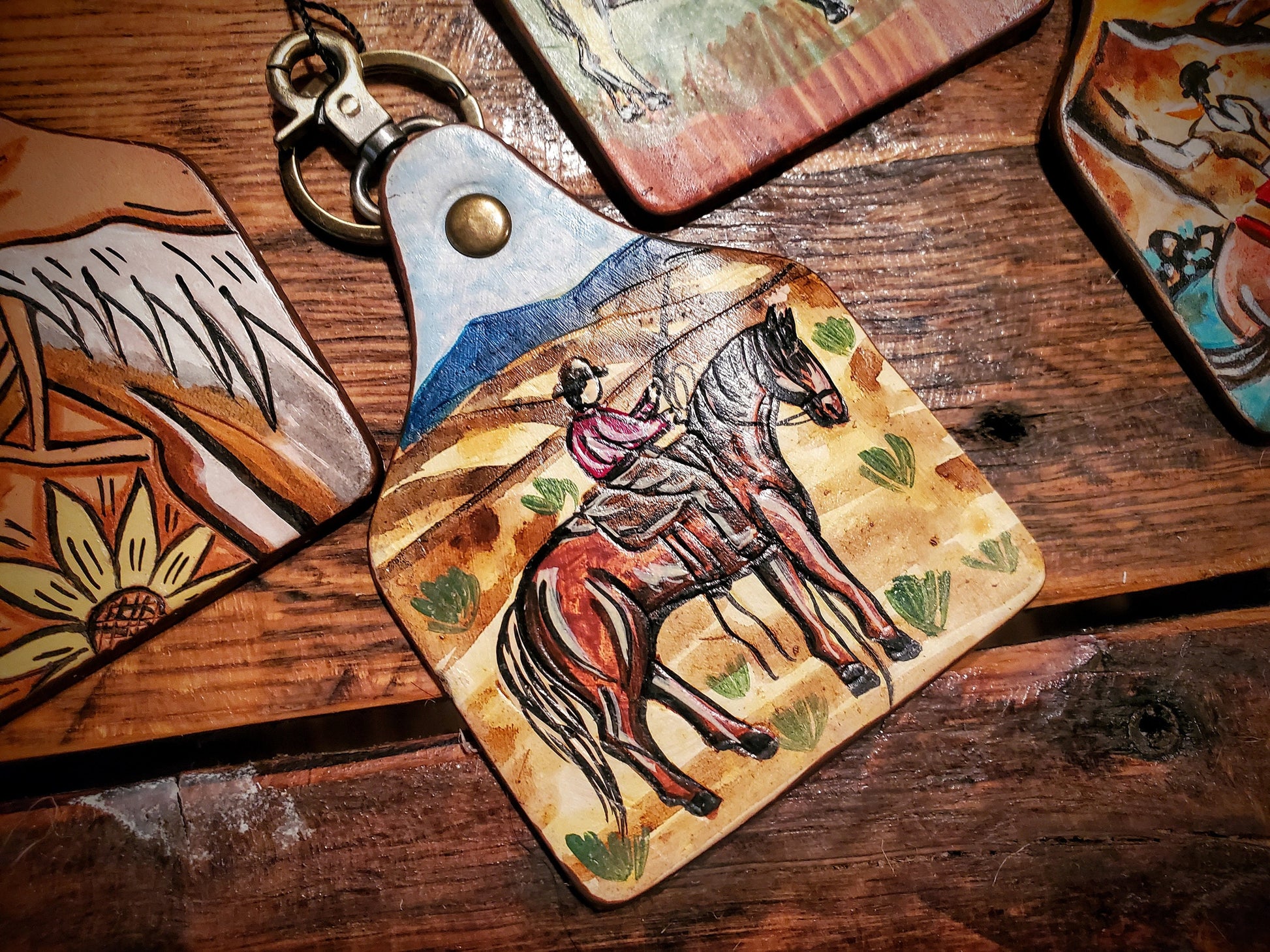 Tooled Leather Cow Tag Key Chains / Bag Charms - Great Cheap Gifts & Stocking Stuffers!