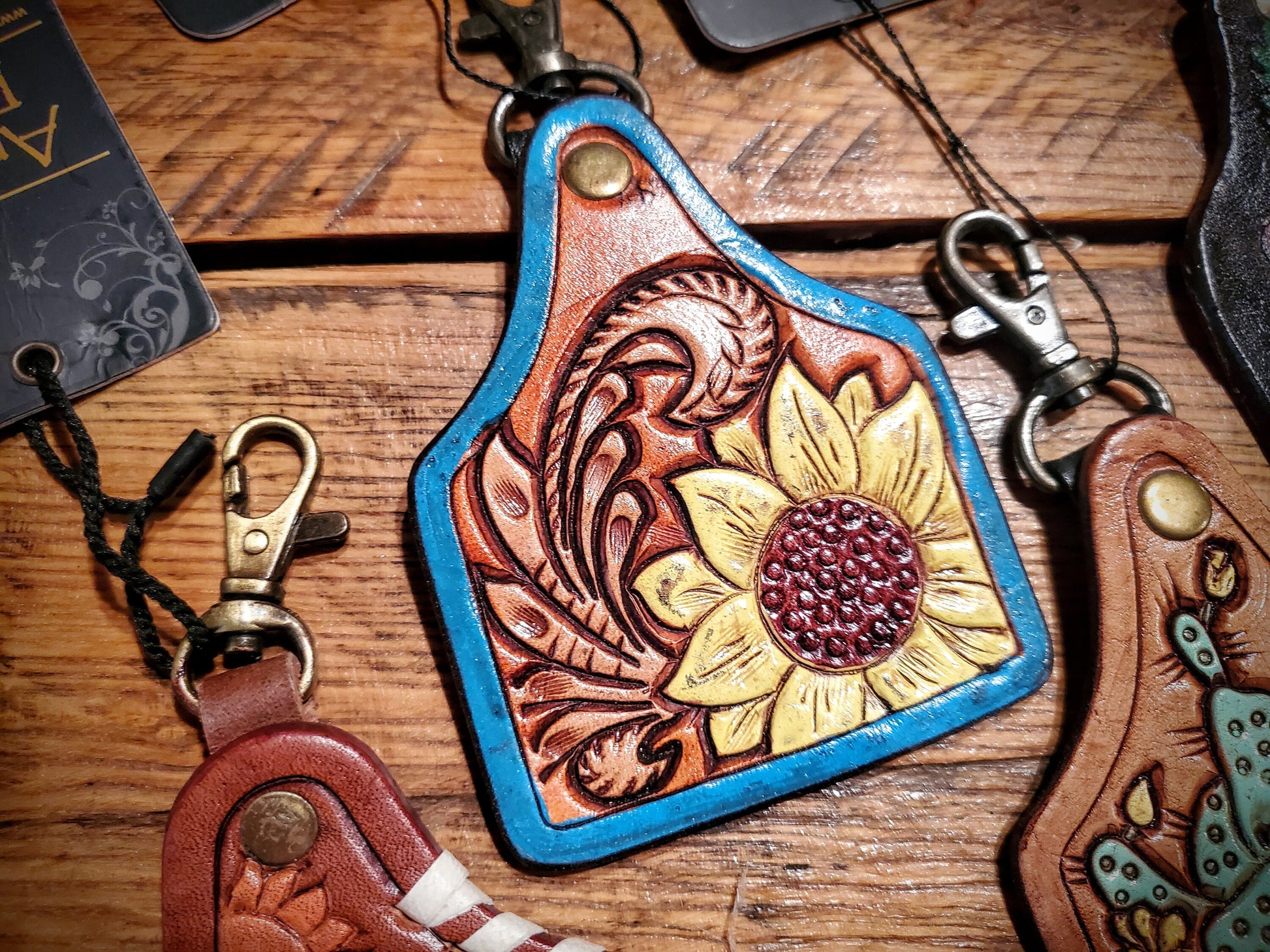 Tooled Leather Cow Tag Key Chains / Bag Charms - Great Cheap Gifts & Stocking Stuffers!