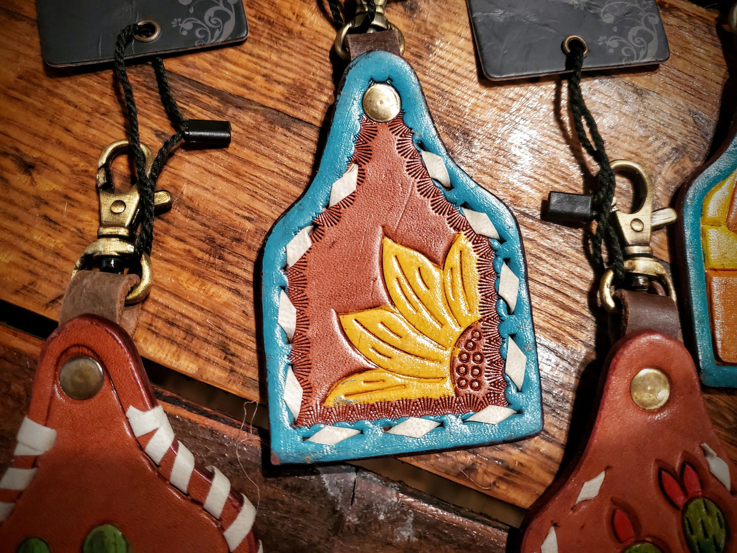 Tooled Leather Cow Tag Key Chains / Bag Charms - Great Cheap Gifts & Stocking Stuffers!