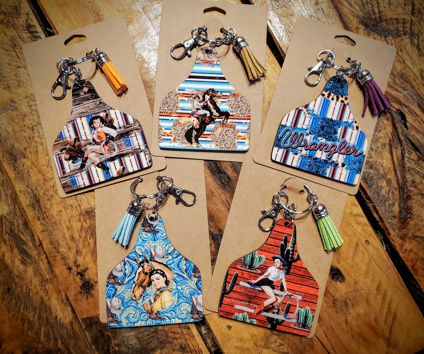 Vintage Retro Cowgirl Cattle Ear Tags - Handmade Western Printed Wood Key Chains - Pick Your Style!