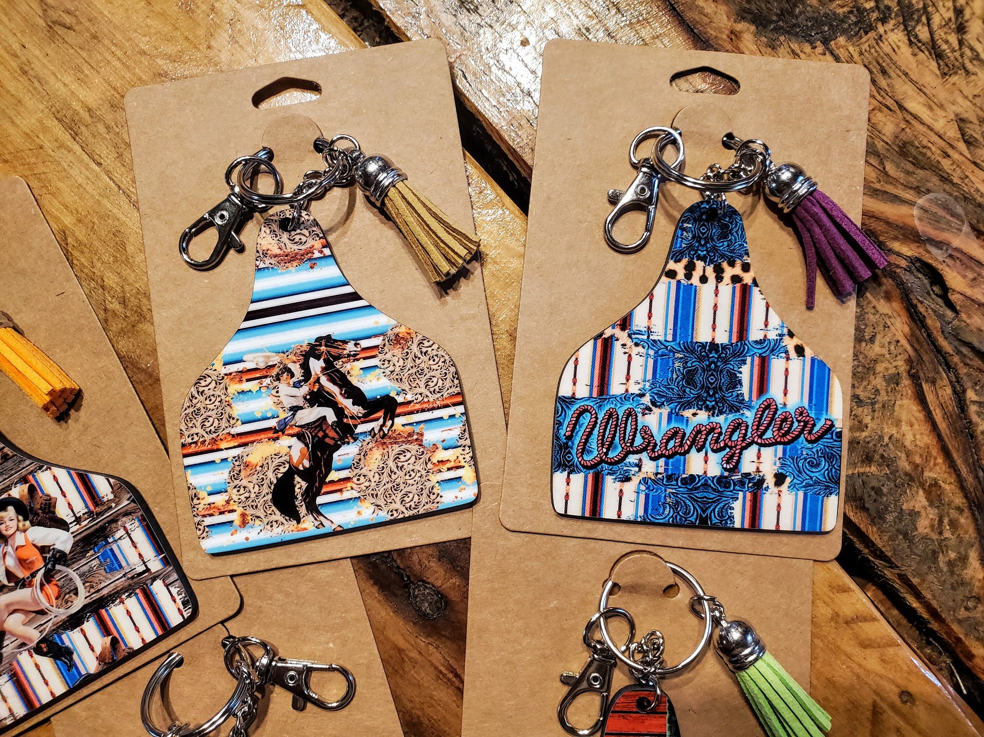 Vintage Retro Cowgirl Cattle Ear Tags - Handmade Western Printed Wood Key Chains - Pick Your Style!