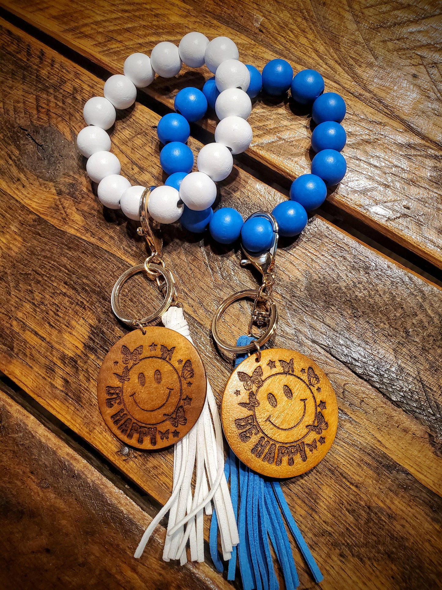 Be Happy - Handmade Wood Engraved Stretchy Wristlet Keychains - Great Cheap Christmas Stocking Stuffers & Gifts!