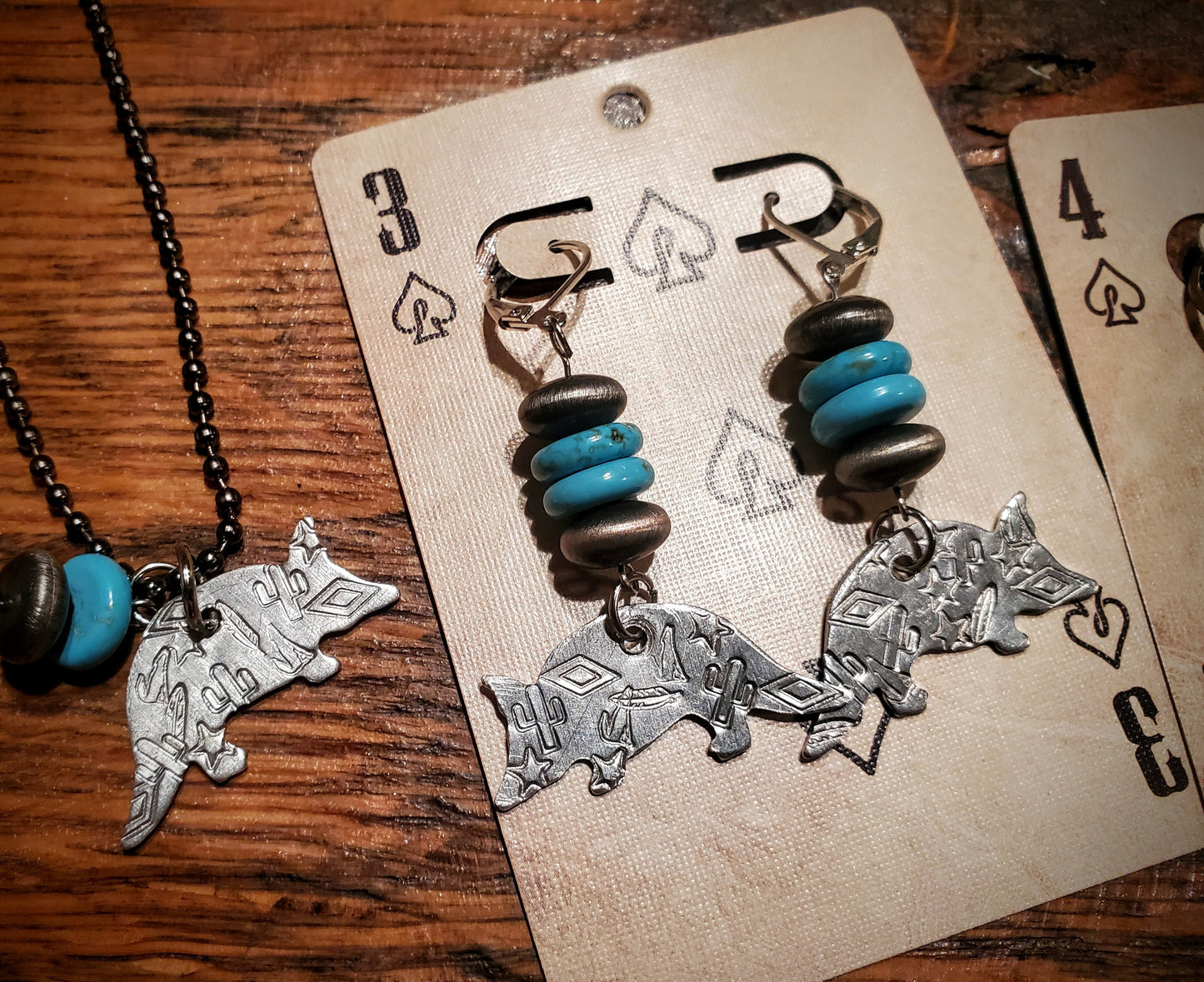 Handmade Western Stamped Amadillo Earrings & Necklaces