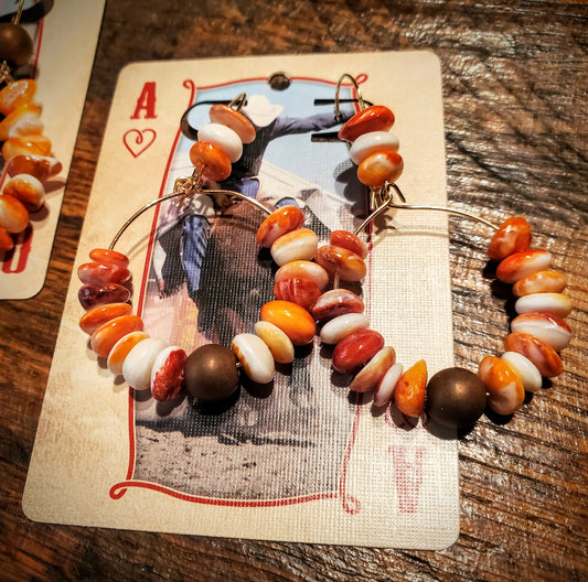 Handmade Genuine Spiny Oyster Hoop Earrings with Copper Beads