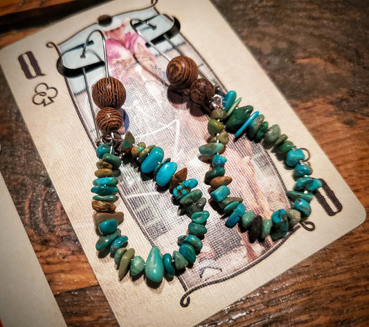 Handmade Genuine Turquoise Earrings with Petrified Wood Beads