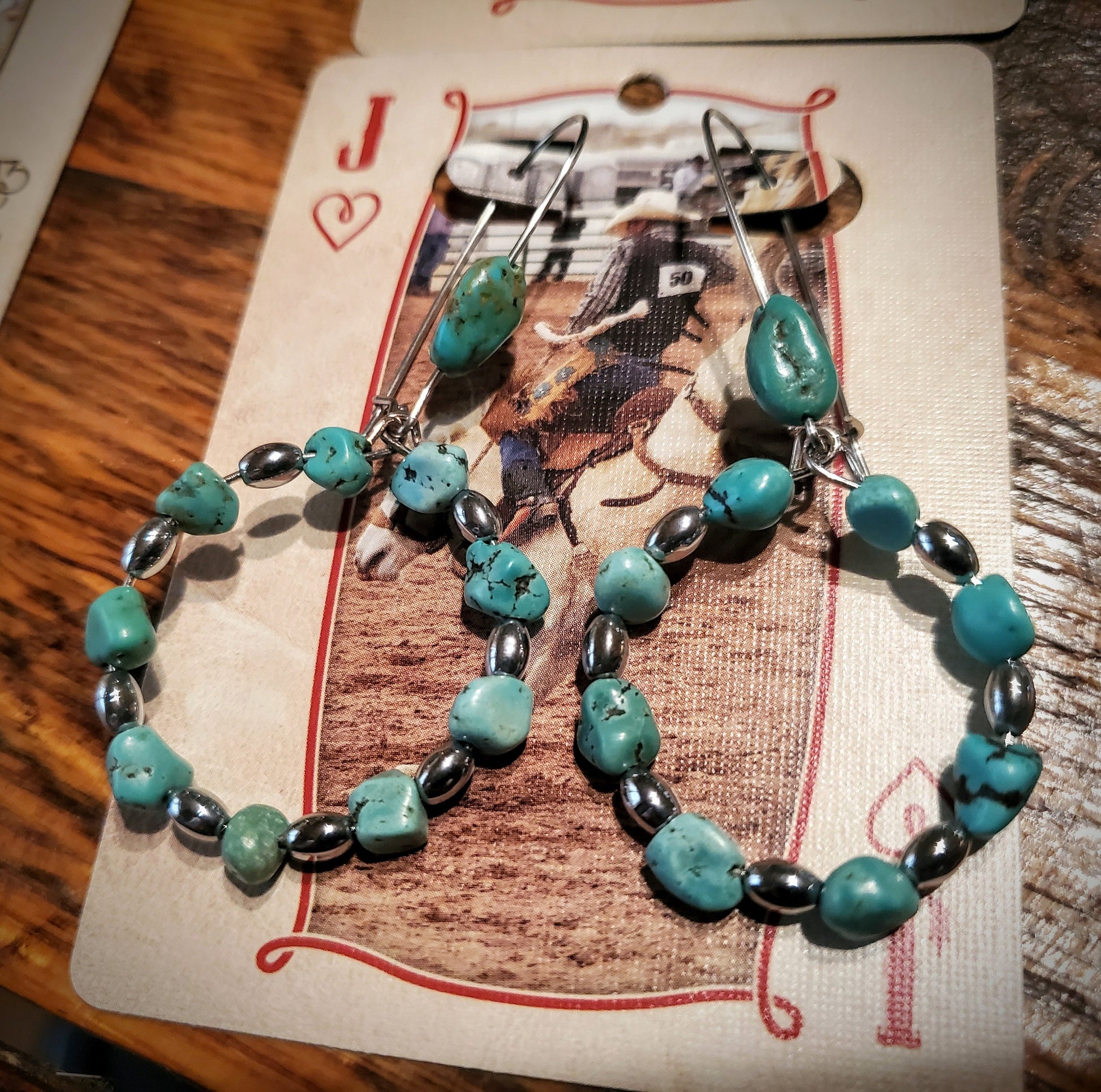 Handmade Genuine Turquoise Hoop Earrings with Silver Beads