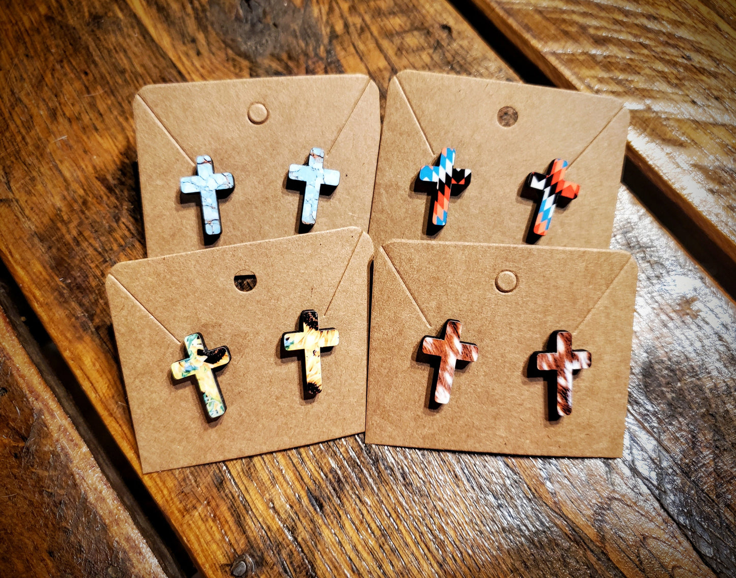 Crosses - Handmade Western Printed Wood Stud Earrings - Hypoallergenic, Pick Your Style!