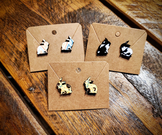 Rabbits - Handmade Western Printed Wood Stud Earrings - Hypoallergenic, Pick Your Style!