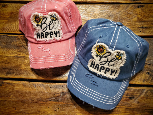 Bee Happy Vintage Embroidered Distressed Hat Ball Cap