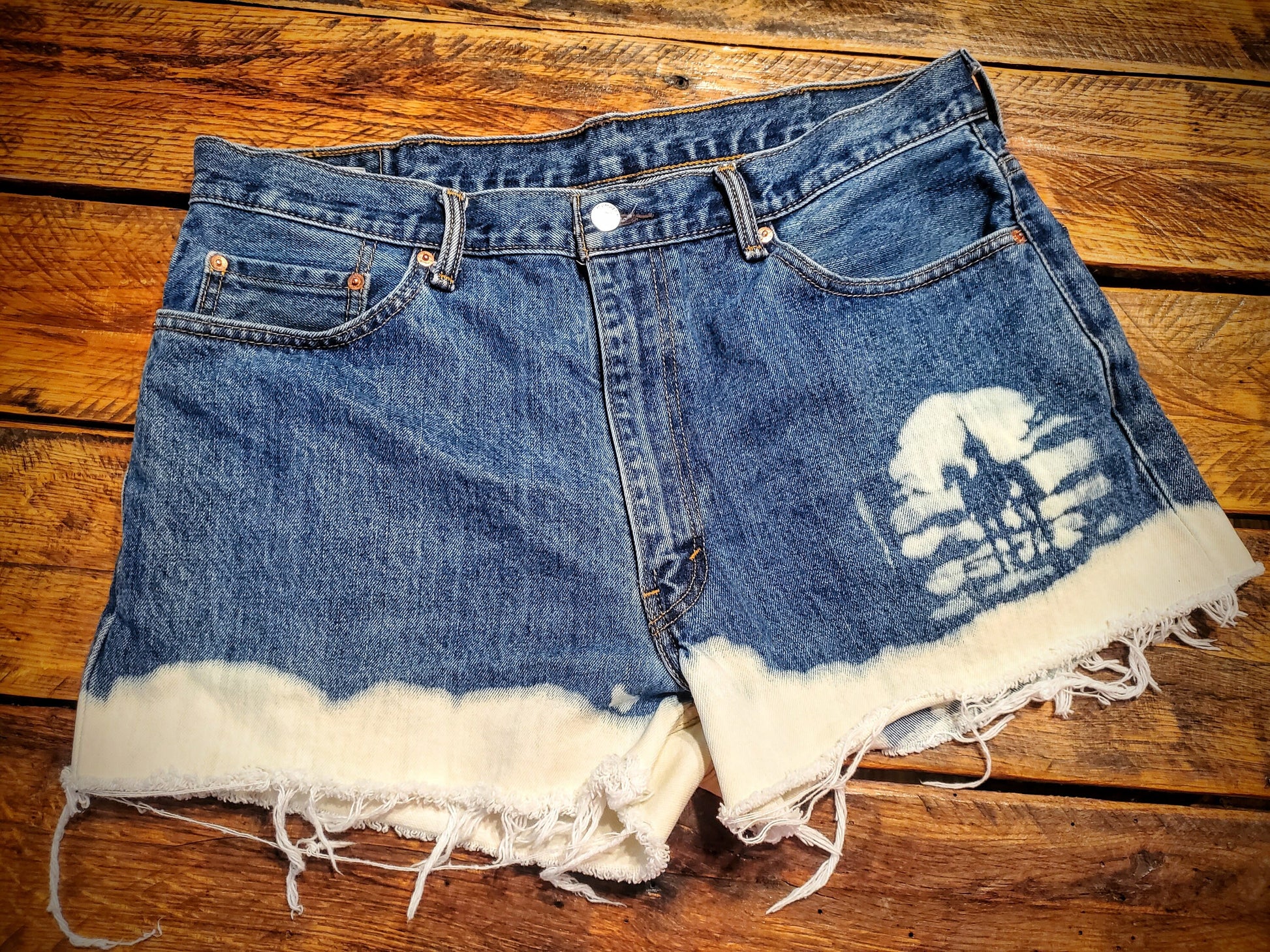 Hand Distressed Denim Levi Shorts - Size 38 Waist