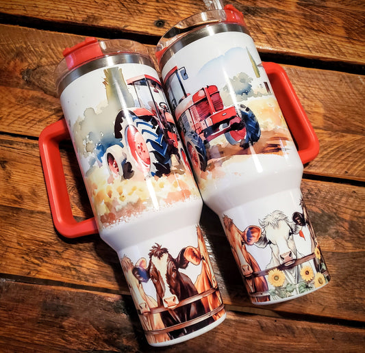 Farm Tractor & Cows Printed 40oz Insulated Tumbler with Handle