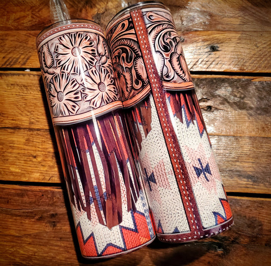 Tooled Leather Aztec with Fringe - Country Western Printed Stainless Steel Tumblers - Pick Your Size - Sippy, 15 oz, 20 oz, 30 oz