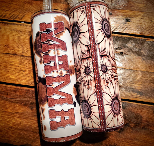 Tooled Leather Mama Sunflower with Cowhide - Country Western Printed Stainless Steel Tumblers - Pick Your Size - Sippy, 15 oz, 20 oz, 30 oz