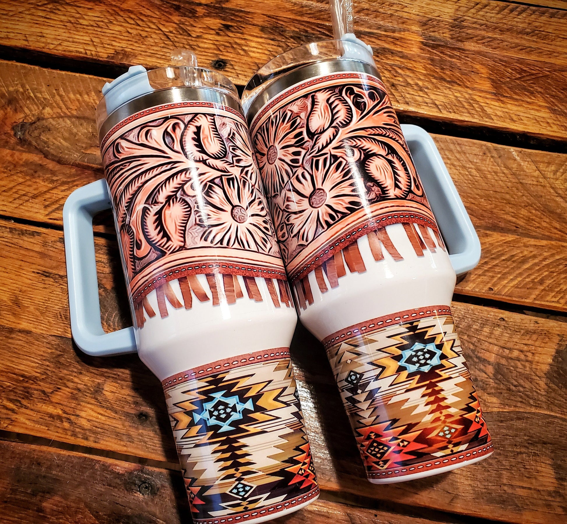 Tooled Leather with Fringe & Aztec Printed 40oz Insulated Tumbler with Handle