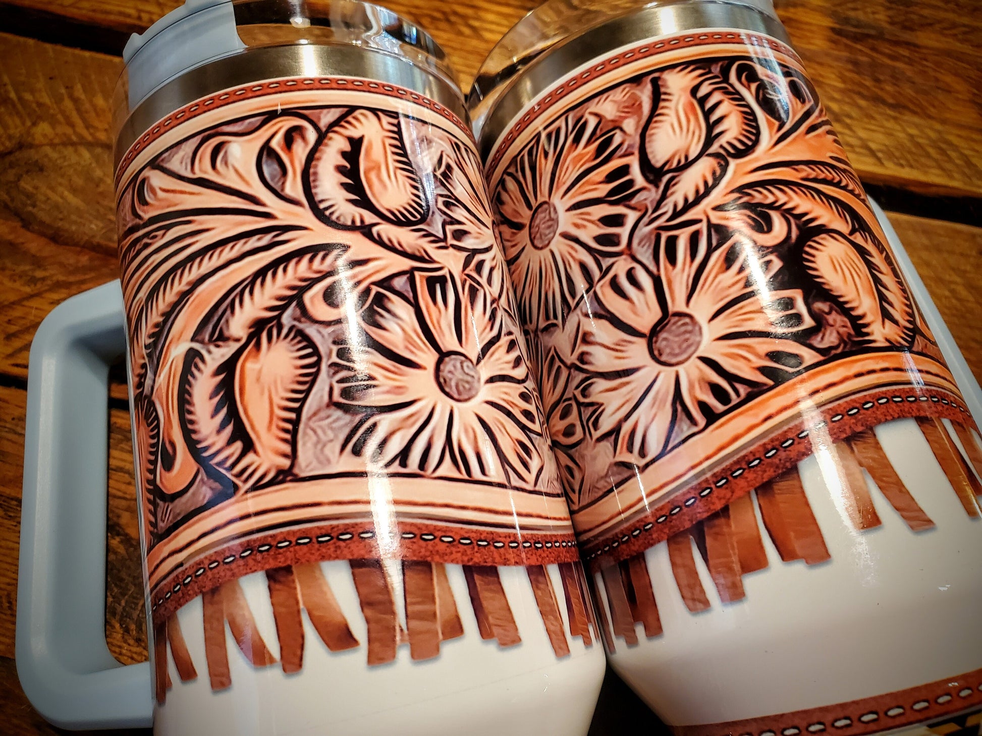 Tooled Leather with Fringe & Aztec Printed 40oz Insulated Tumbler with Handle