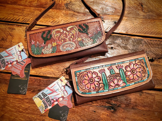 Genuine Hand Tooled & Painted Leather Purse / Wallets