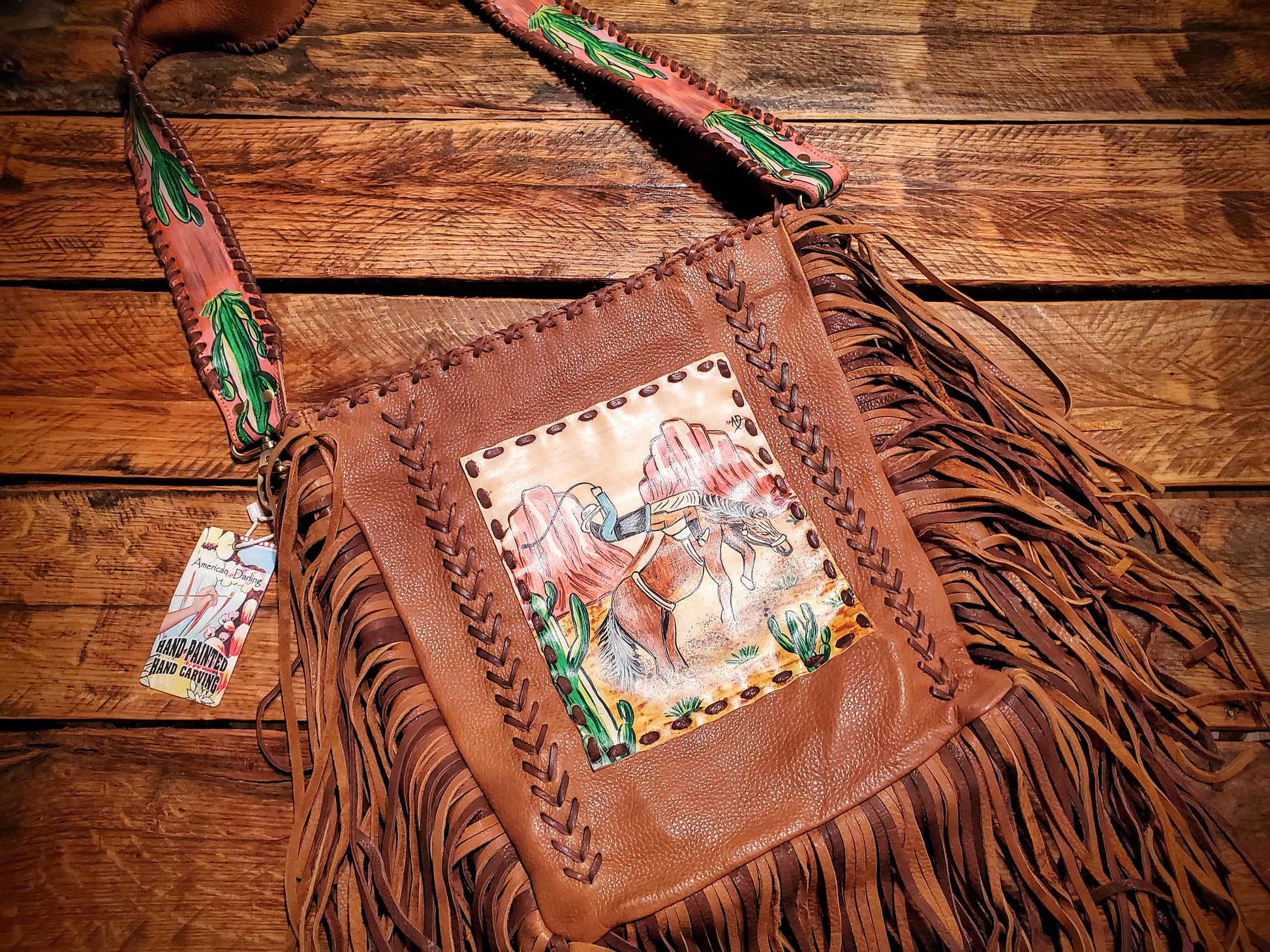 Genuine Western Hand Painted Leather Fringe Crossbody Purse