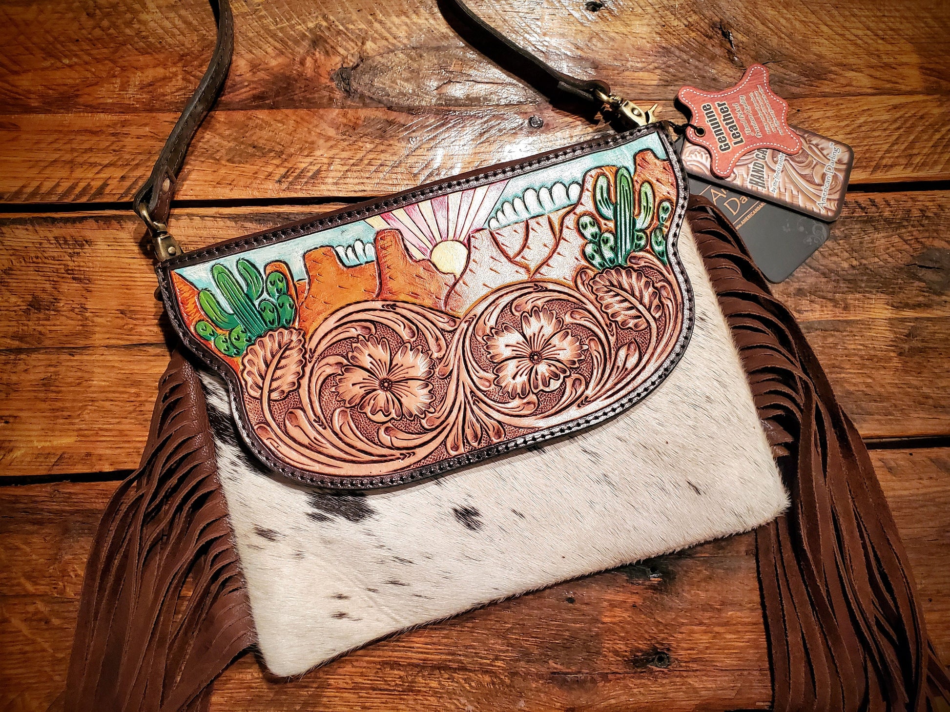 Genuine Western Hand Tooled & Painted Leather Cowhide Fringe Crossbody Purse