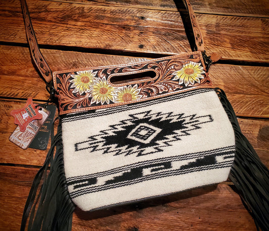 Genuine Western Tooled Leather & Aztec Saddle Blanket Fringe Clutch Top Crossbody Purse