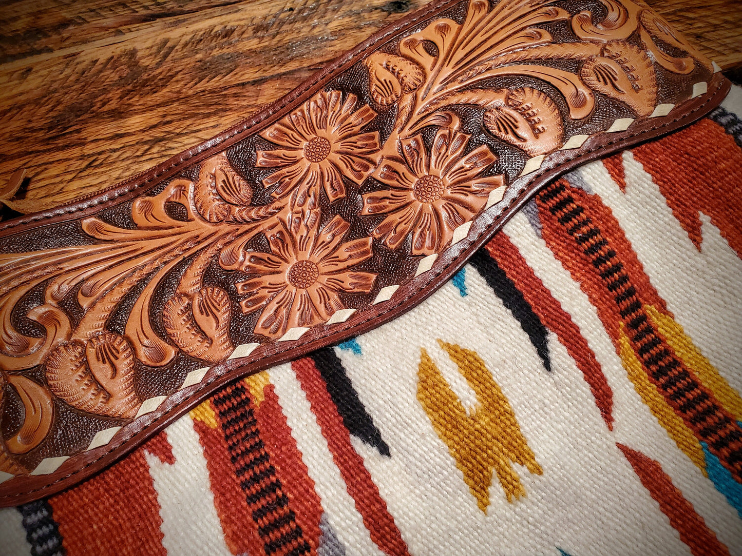 Genuine Western Tooled Leather & Aztec Saddle Blanket Fringe Crossbody Purse