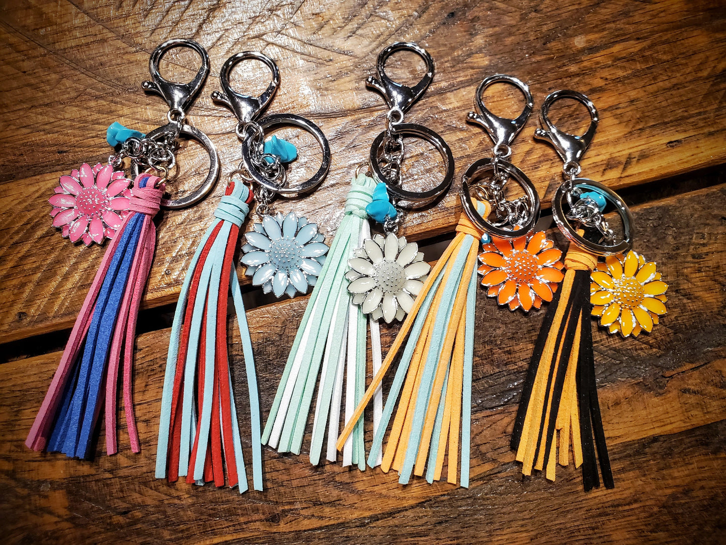 Boho Colorful Flower Leather Tassel Bag Purse Charm Keychain