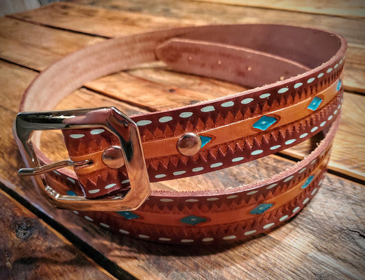 Hand Made & Hand Painted Tooled Leather Western Belt with Unique Clip Corner Buckle (Removeable) - 42" - 50" Adjustable