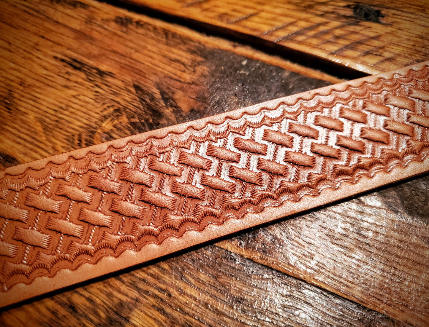 Hand Made Tooled Leather Western Belt with Unique Clip Corner Buckle (Removeable) - 42" - 52" Adjustable