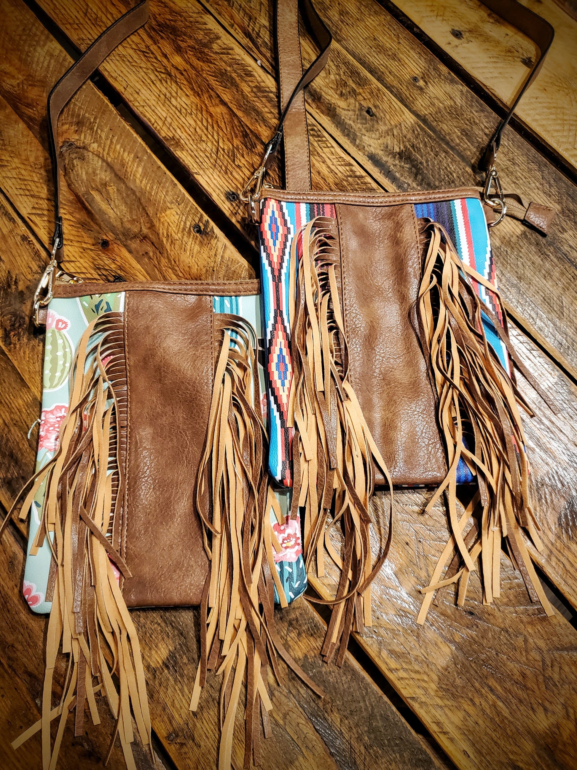 Western Printed Leather Fringe Crossbody Purse