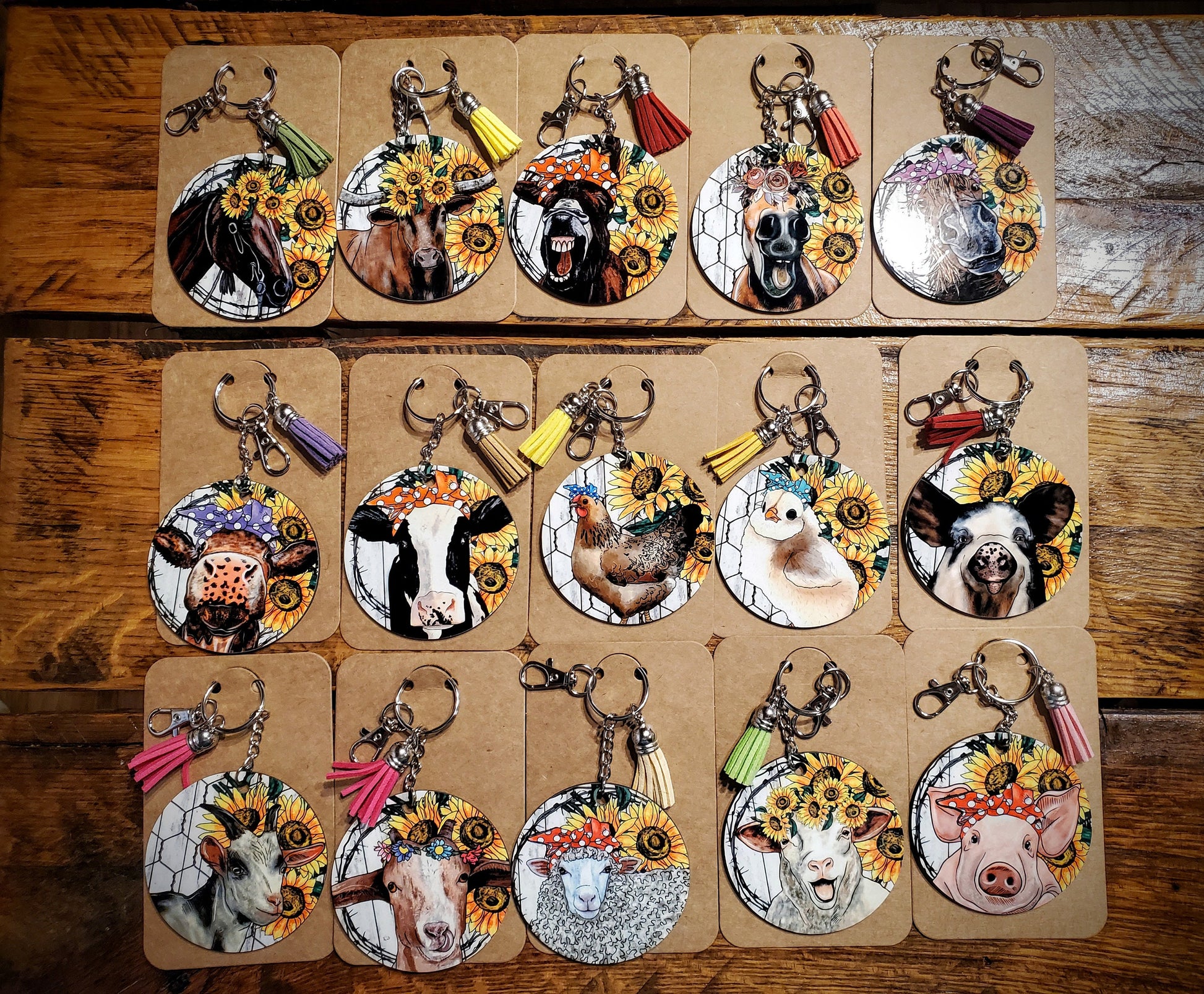 Sunflower Farm Critters - Handmade Western Printed Wood Key Chains - Pick Your Style!