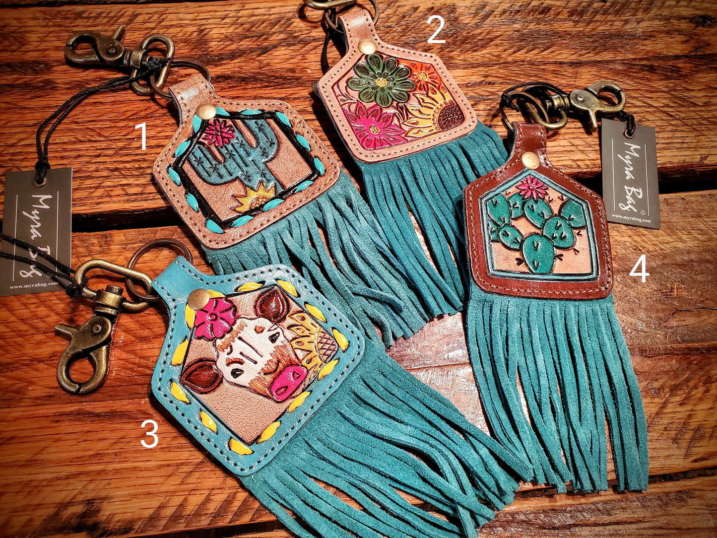 Tooled Leather Cow Tag Key Chains / Bag Charms - Great Cheap Gifts & Stocking Stuffers!