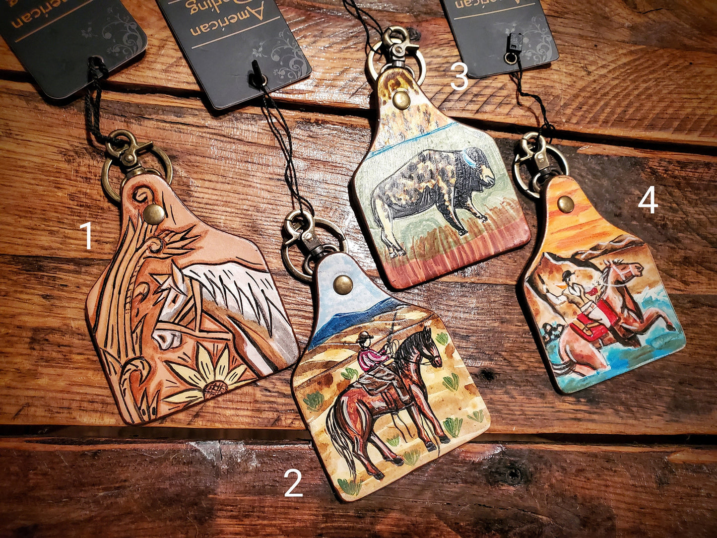 Tooled Leather Cow Tag Key Chains / Bag Charms - Great Cheap Gifts & Stocking Stuffers!