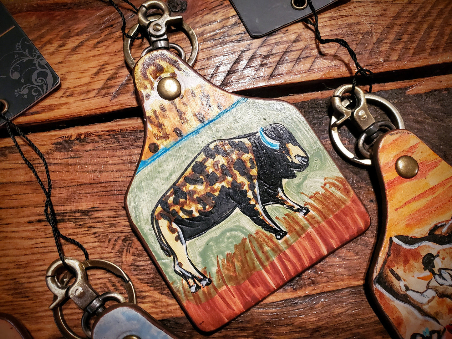 Tooled Leather Cow Tag Key Chains / Bag Charms - Great Cheap Gifts & Stocking Stuffers!