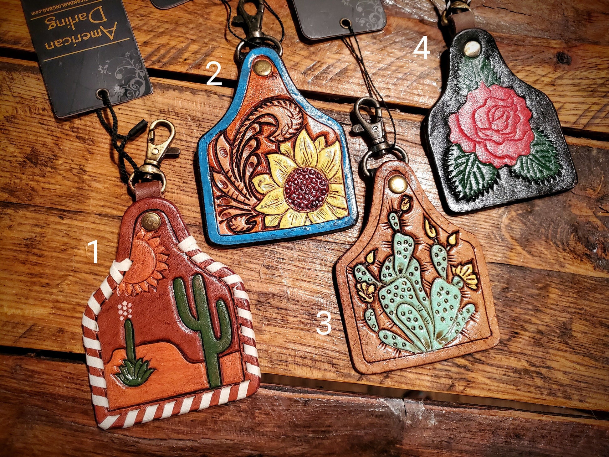 Tooled Leather Cow Tag Key Chains / Bag Charms - Great Cheap Gifts & Stocking Stuffers!