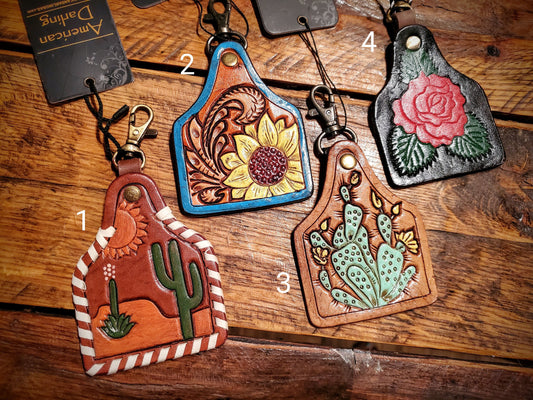 Tooled Leather Cow Tag Key Chains / Bag Charms - Great Cheap Gifts & Stocking Stuffers!