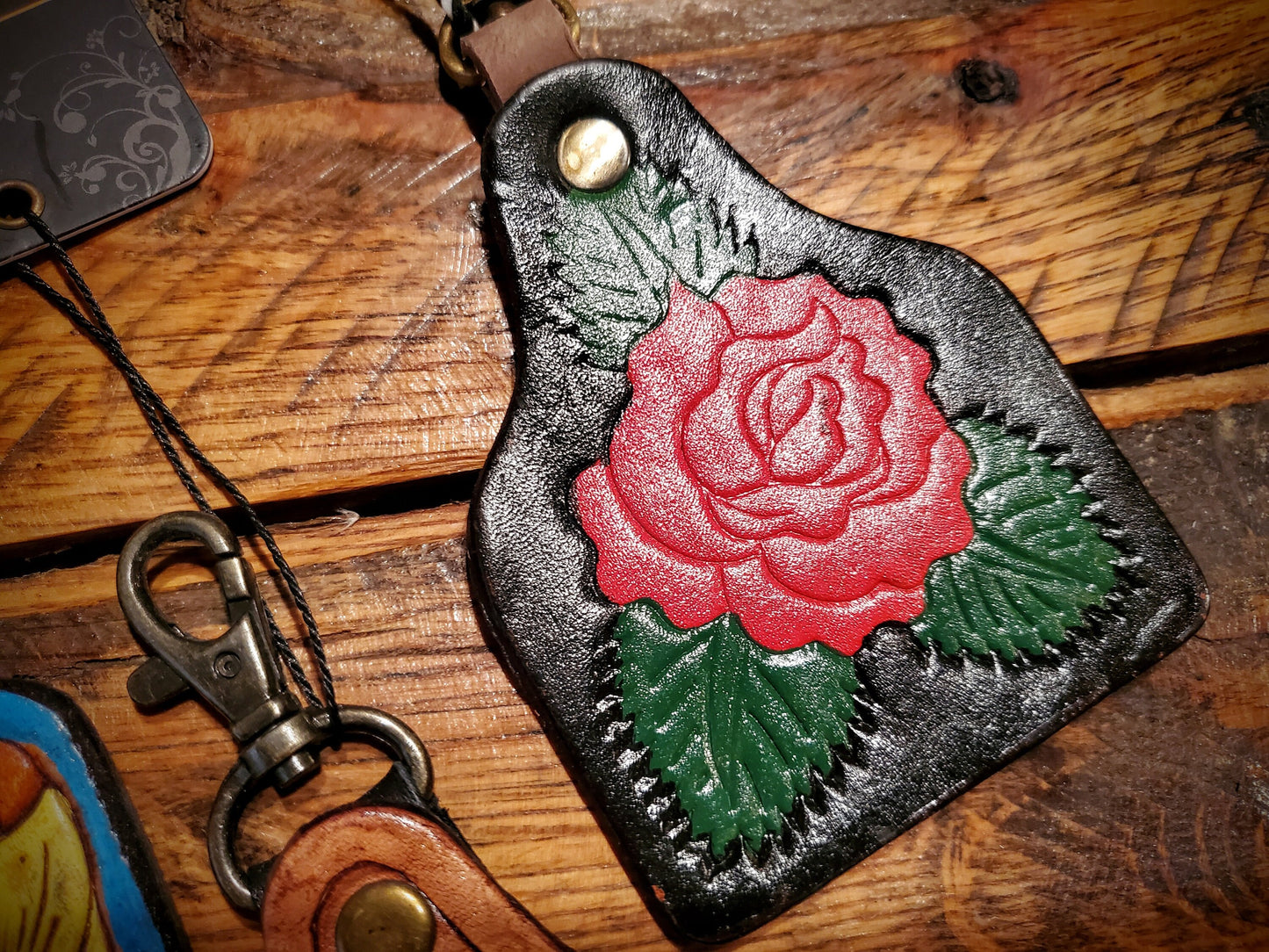 Tooled Leather Cow Tag Key Chains / Bag Charms - Great Cheap Gifts & Stocking Stuffers!