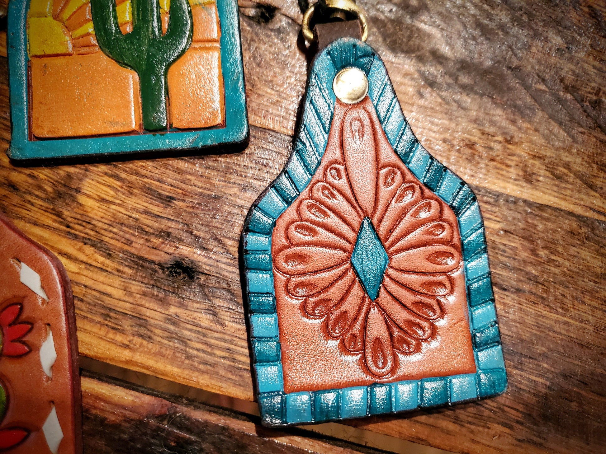 Tooled Leather Cow Tag Key Chains / Bag Charms - Great Cheap Gifts & Stocking Stuffers!