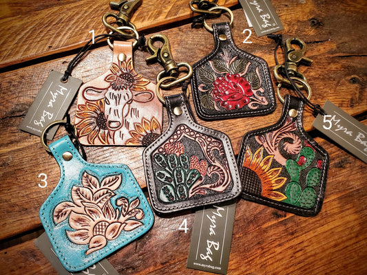 Tooled Leather Cow Tag Key Chains / Bag Charms - Great Cheap Gifts & Stocking Stuffers!