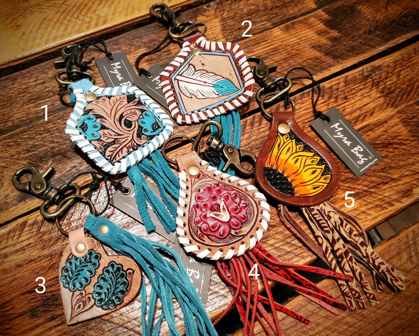 Tooled Leather Cow Tag Key Chains / Bag Charms - Great Cheap Gifts & Stocking Stuffers!