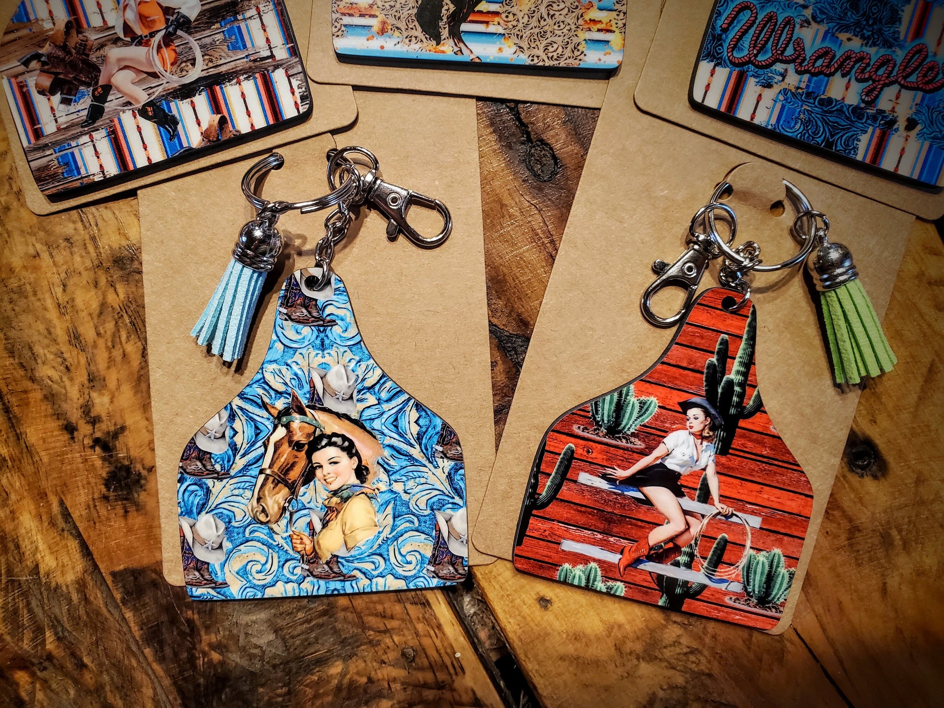 Vintage Retro Cowgirl Cattle Ear Tags - Handmade Western Printed Wood Key Chains - Pick Your Style!