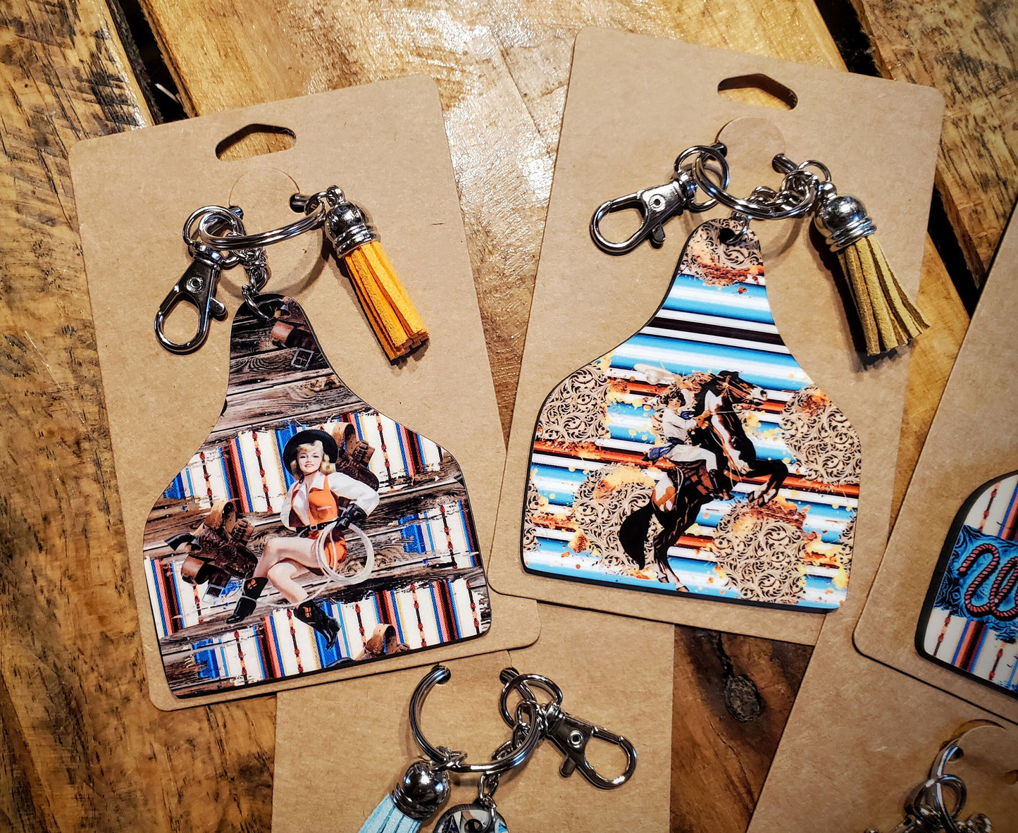 Vintage Retro Cowgirl Cattle Ear Tags - Handmade Western Printed Wood Key Chains - Pick Your Style!