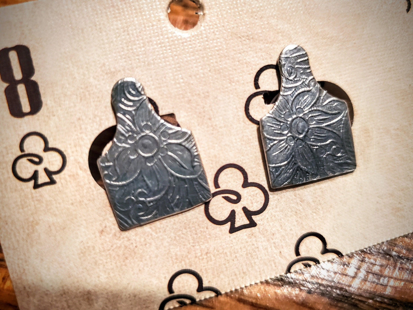 Handmade Western Floral Stamped Cattle Ear Tag Stud Earrings