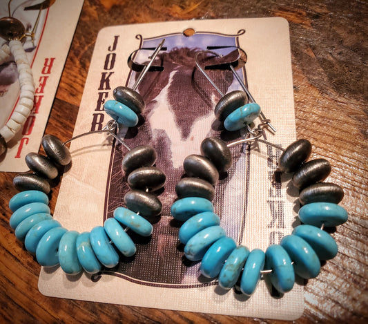 Handmade Genuine Turquoise Hoop Earrings with Silver Navajo Bead