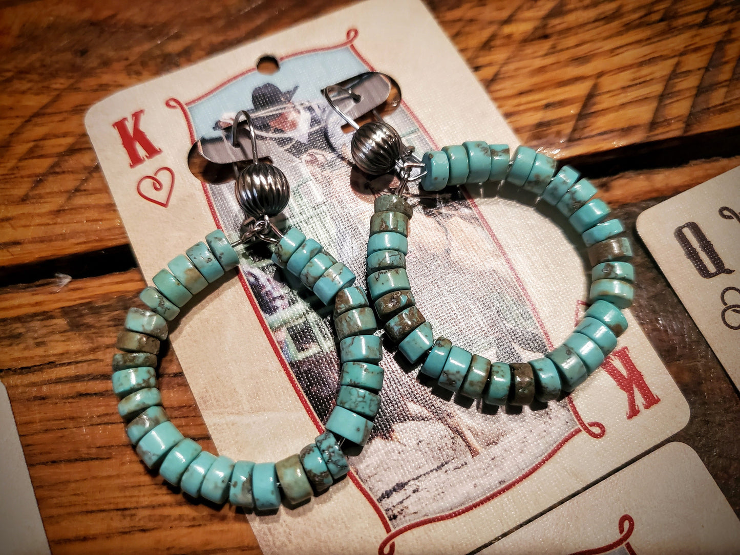 Handmade Genuine Turquoise Hoop Earrings with Sterling Silver Navajo Bead