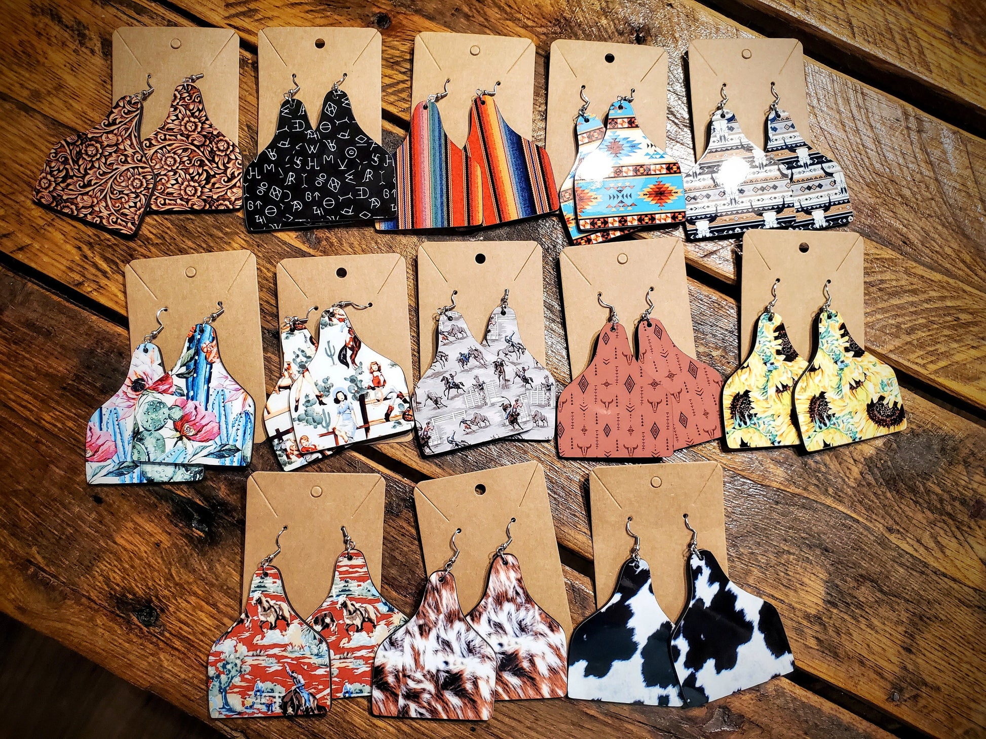 Cattle Ear Tags - Handmade Western Printed Wood Earrings - Hypoallergenic, Pick Your Style!