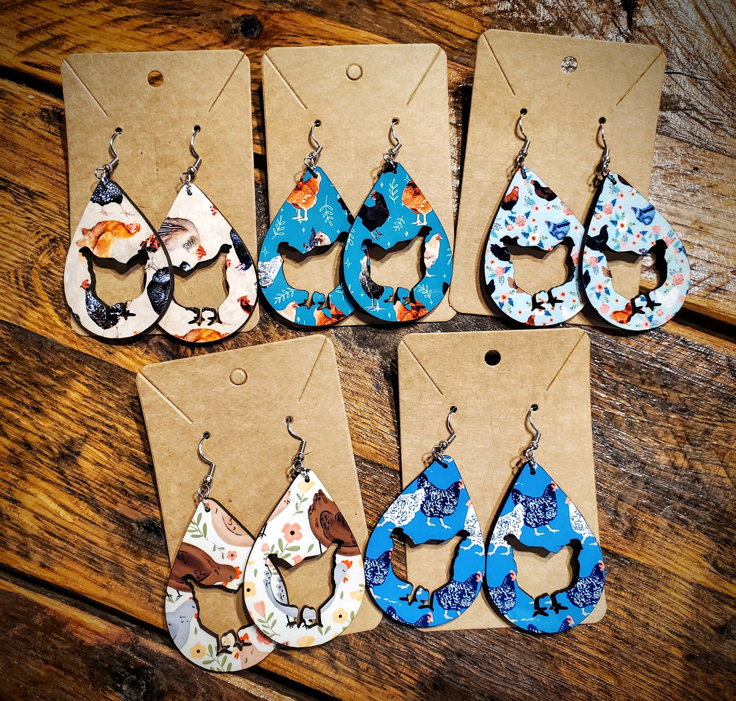 Chickens - Handmade Western Printed Wood Earrings - Hypoallergenic, Pick Your Style!