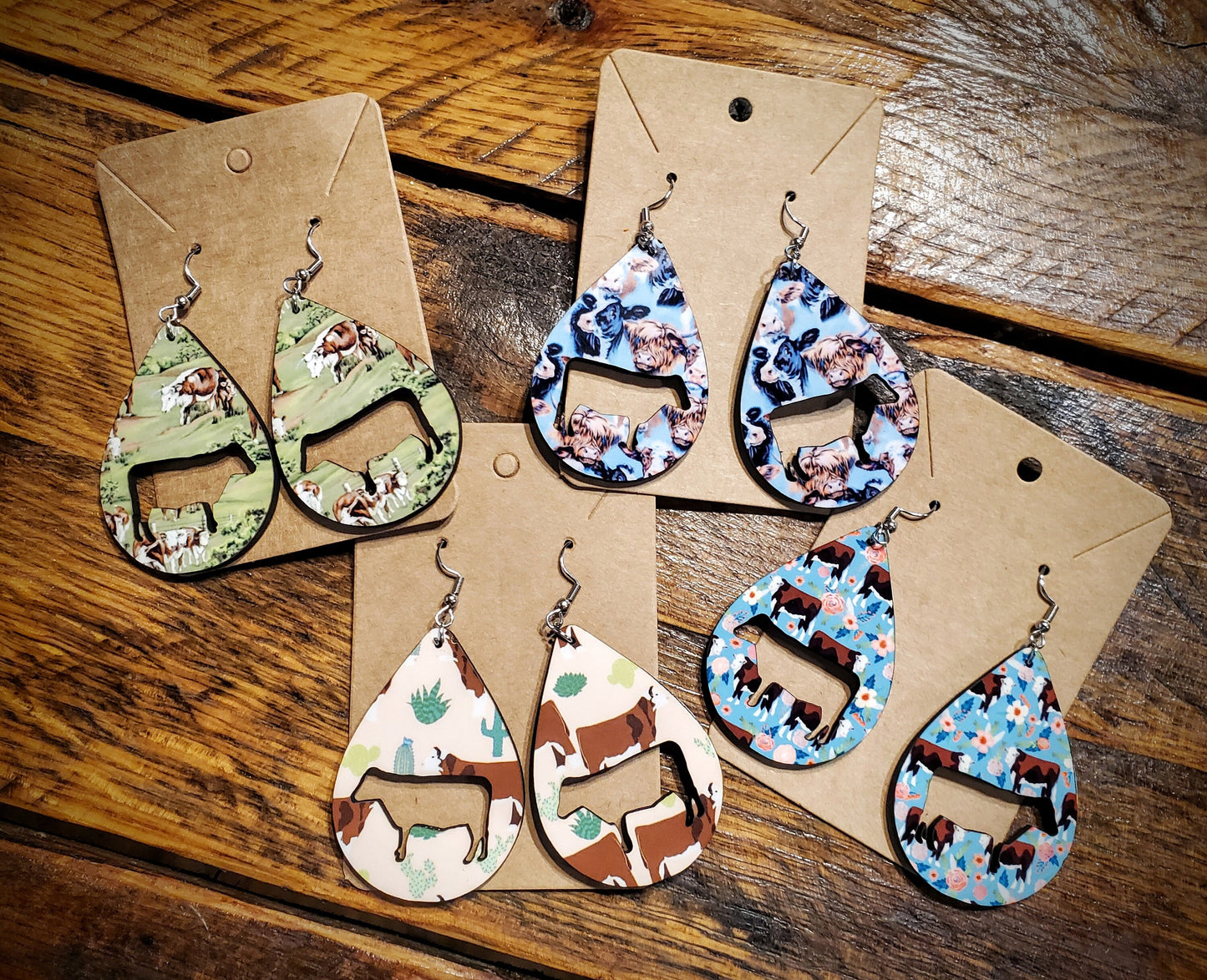 Cows - Handmade Western Printed Wood Earrings - Hypoallergenic, Pick Your Style!