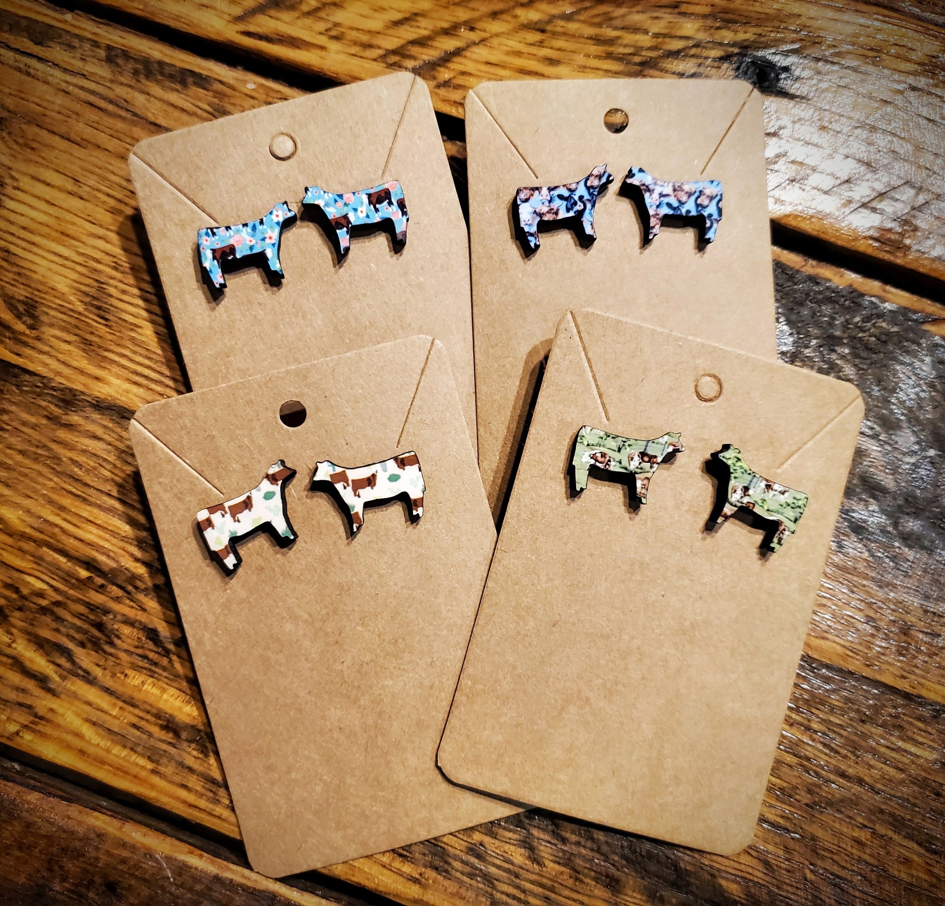 Cows - Handmade Western Printed Wood Stud Earrings - Hypoallergenic, Pick Your Style!