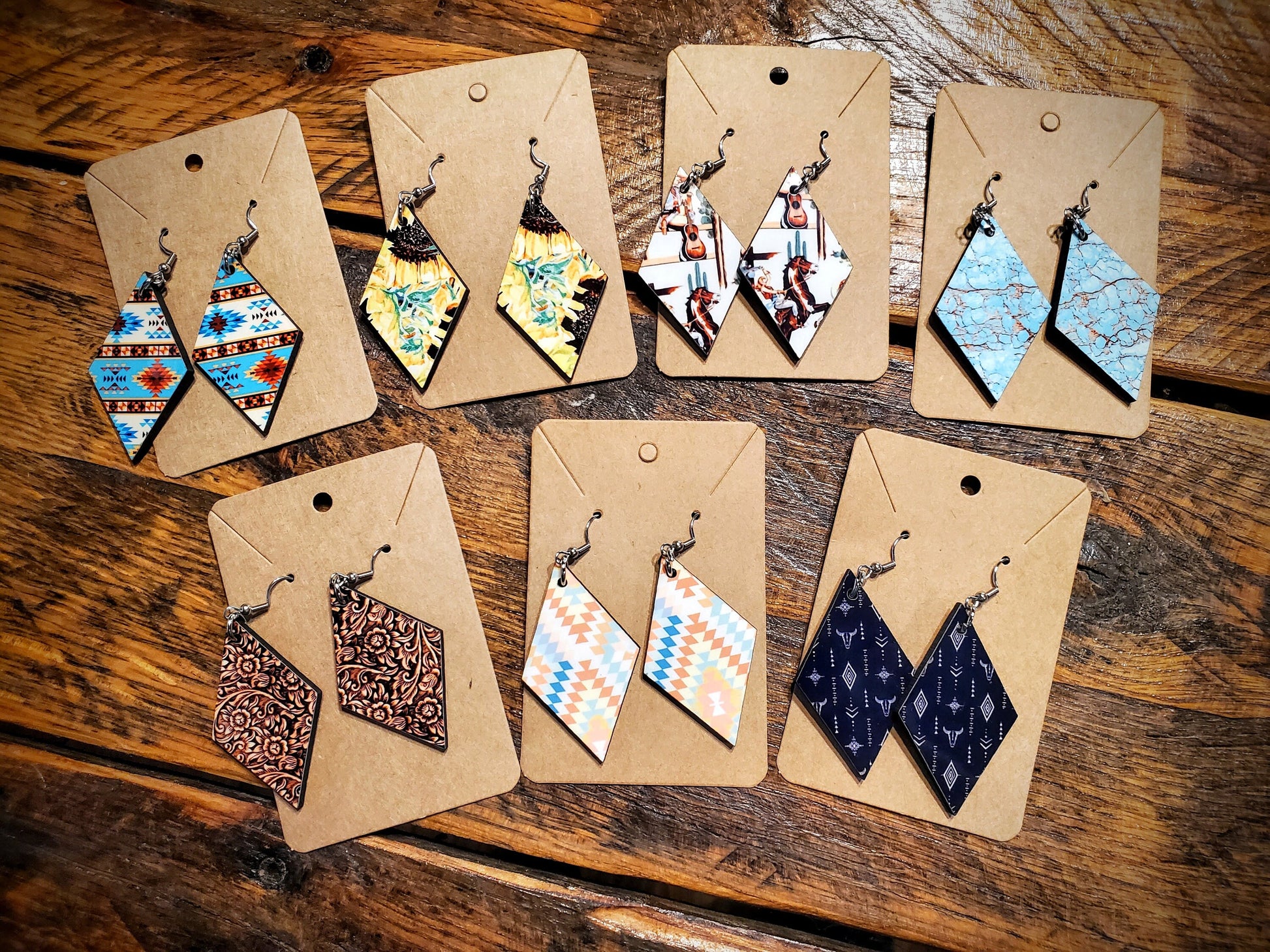 Diamonds - Handmade Western Printed Wood Earrings - Hypoallergenic, Pick Your Style!