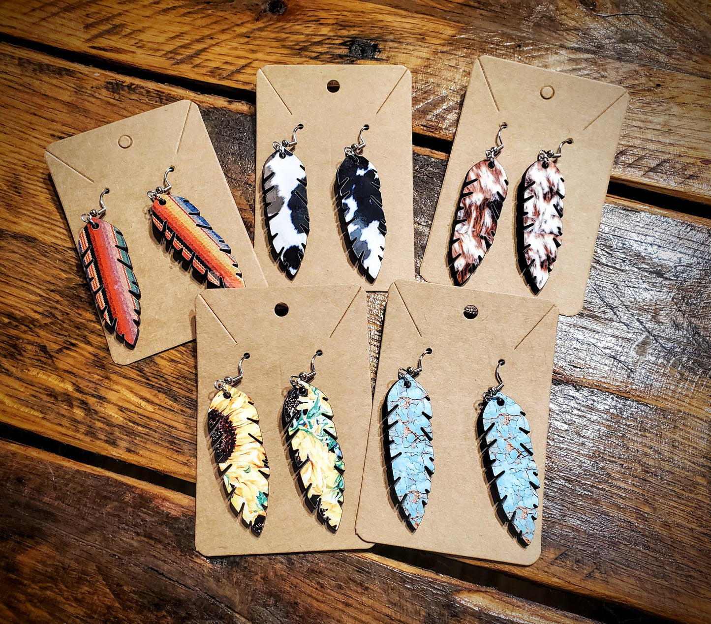 Feathers - Handmade Western Printed Wood Earrings - Hypoallergenic, Pick Your Style!