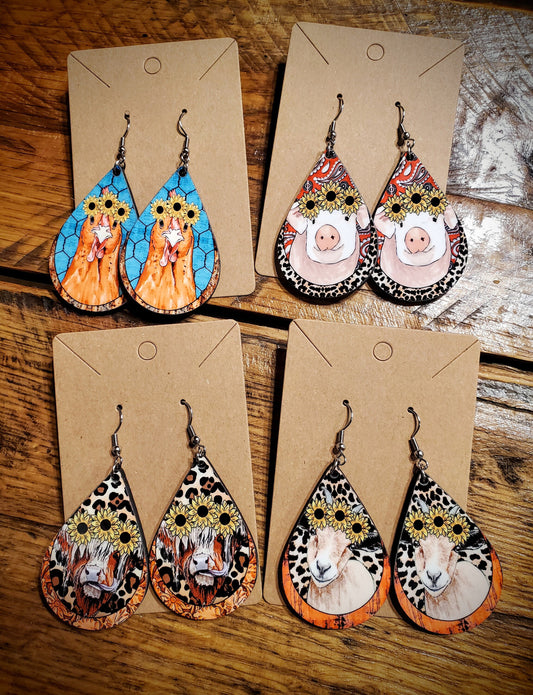 Handmade Farm Animal Printed Wood Earrings - Hypoallergenic, Pick Your Style